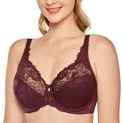 Sutiã minimizador de renda tamanho grande para mulheres, cobertura total, floral jacquard, underwire puro não acolchoado, 34-44 DD E F G H