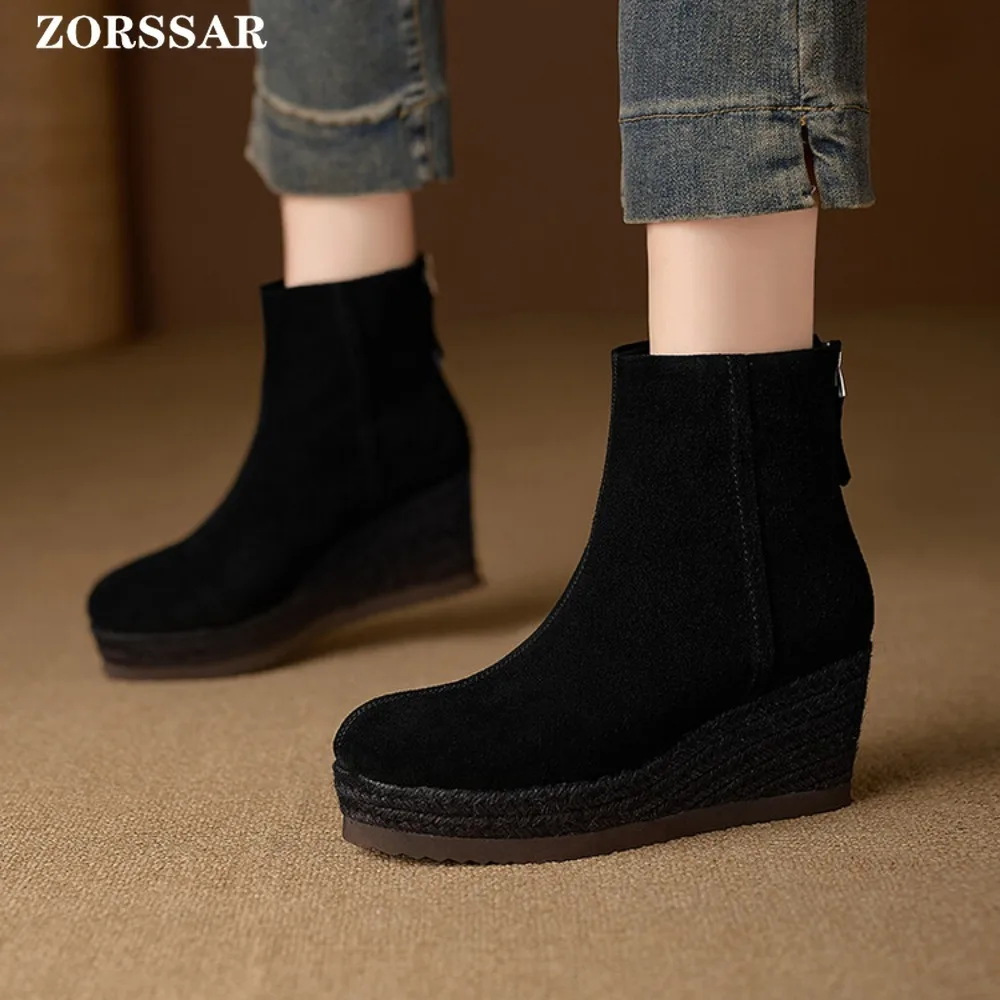 العلامة التجارية تصميم حذاء نسائي بكعب عالٍ Bootie طفل الجلد المدبوغ الإناث الأحذية الحديثة منصة النساء الأحذية موضة أسافين حذاء من الجلد المشمش الأسود #2