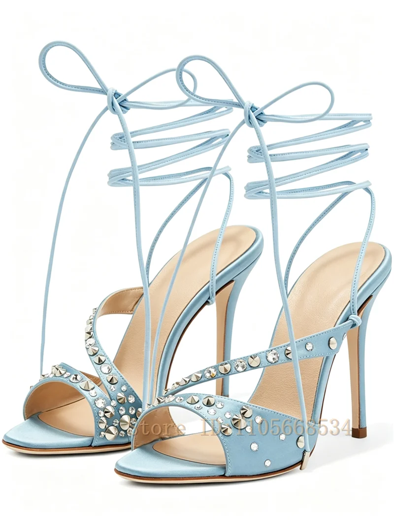 Sandal Strappy Heeled - 여성용 새틴 라인스톤 스틸레토 샌들 오픈토