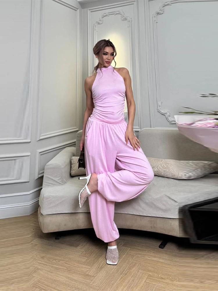 

Chic Casual Spring Summer Top Pant Sets For Women O Neck Sleeveless Backless Vest Big Leg Loose Trousers 2026 New Lady Outfits