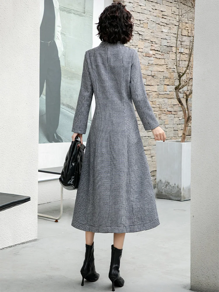 New Women Velvet Liner Woolen Coat Autumn Winter Fashion Small Stand Collar Single Breasted Slim Houndstooth Wool Blended Coat