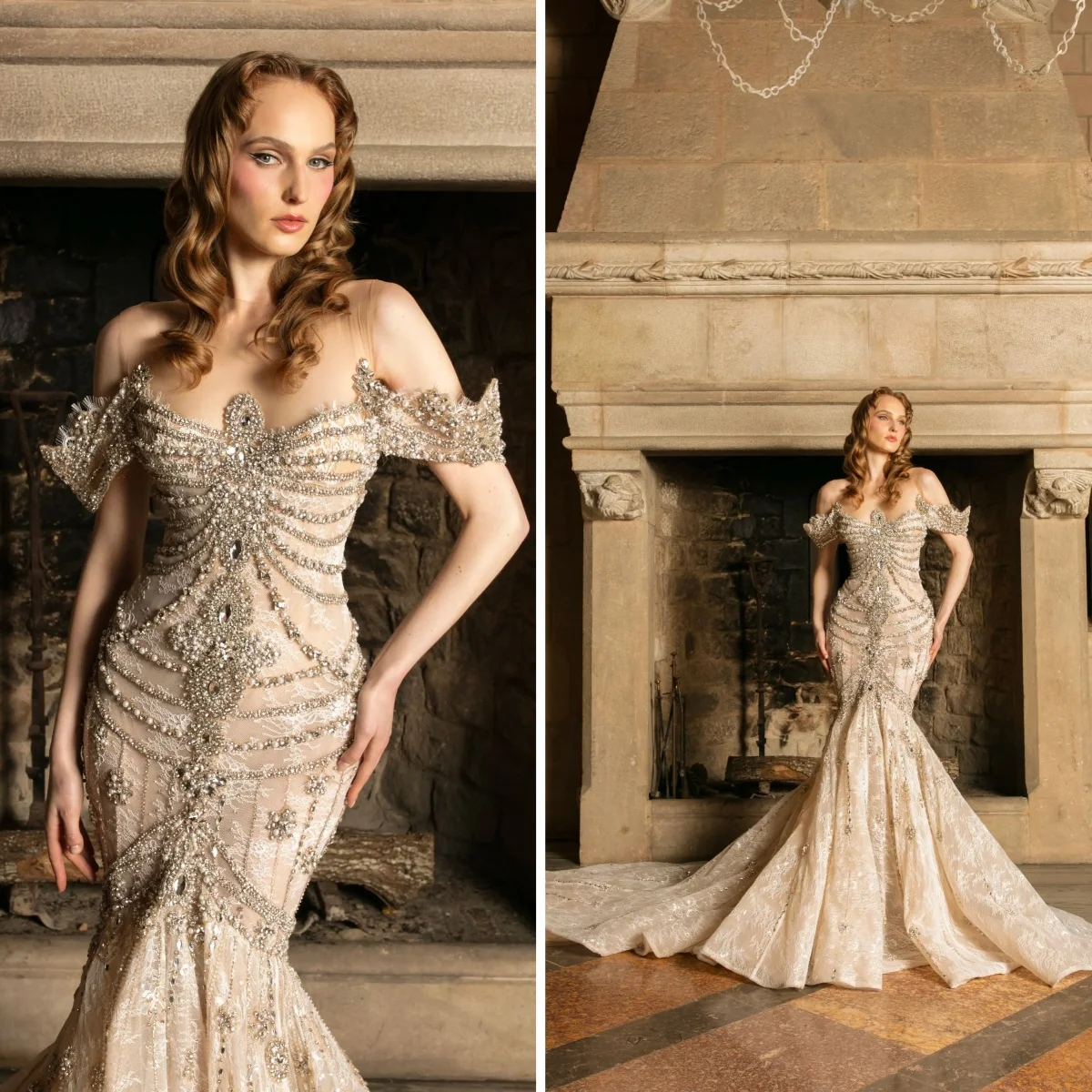 

Vintage Mermaid Wedding Dress Off Shoulder Sleeveless Crystal Sequins Sweep Train Formal Occasion Party Bridal Gowns Customized
