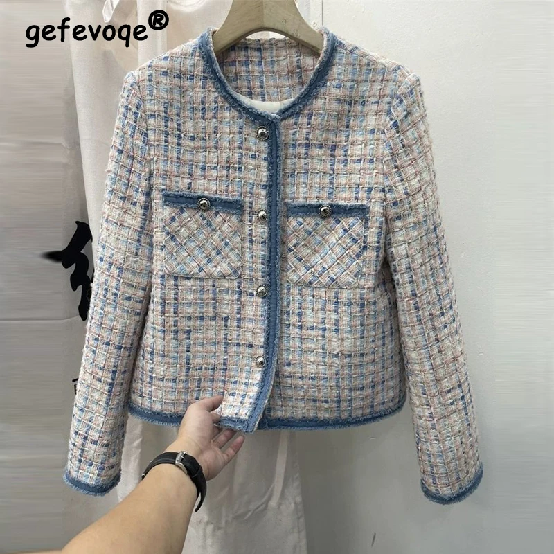 Jaqueta xadrez vintage de peito único feminina, casacos soltos, casacos chiques, moda elegante, gola O, manga longa, estilo francês, outono, nova