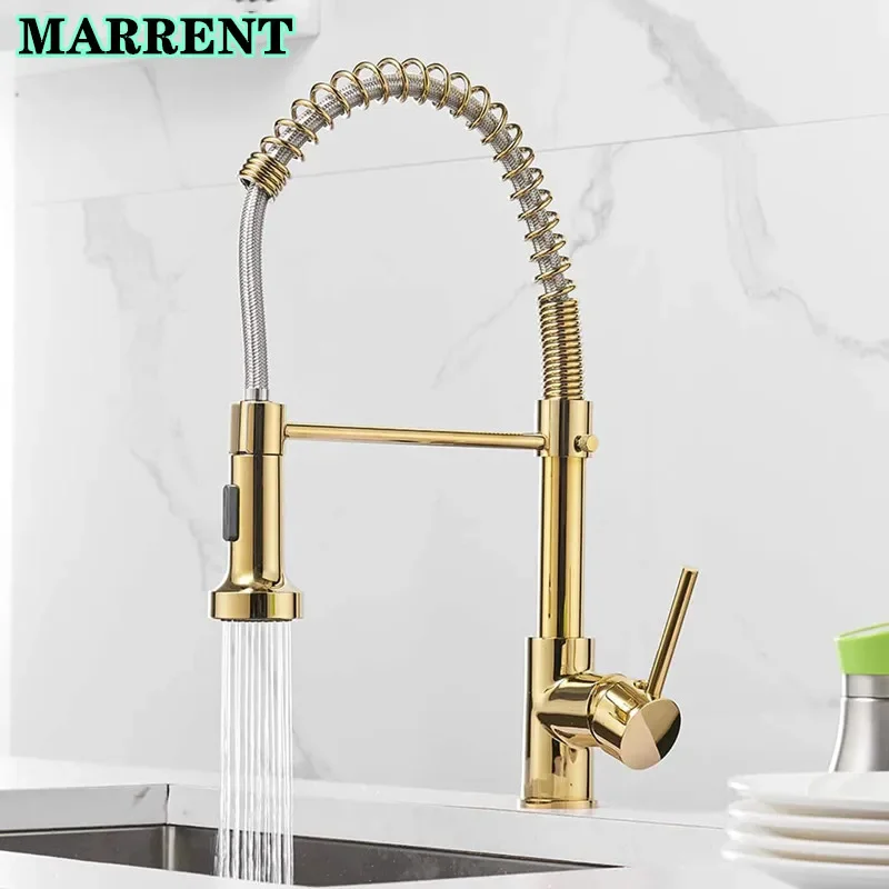 

Luxury Spring Kitchen Faucet Marrent Quality Brass Hot Cold Kitchen Mixer Tap Smart Gold Pull Down Kitchen Sink Mixer Faucets
