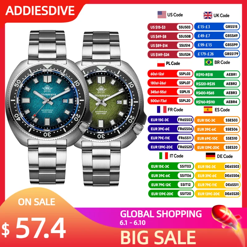 

ADDIESDIVE Japan2115 New Men Watch Sapphire Glass BWG9 Ultra-Bright Luminous 200m Waterproof Wristwatch Luxury Quartz Watches