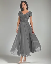 Mother of The Bride Dresses for Wedding Tea Length Lace Applique V Neck Chiffon Formal Evening Gowns with Sleeves