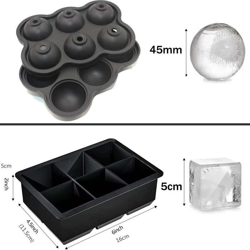 Set of 2 Silicone Ice Ball Block Cube Mold Maker Tray for Whiskey Large Sphere Square BPA Free Summer Gadget