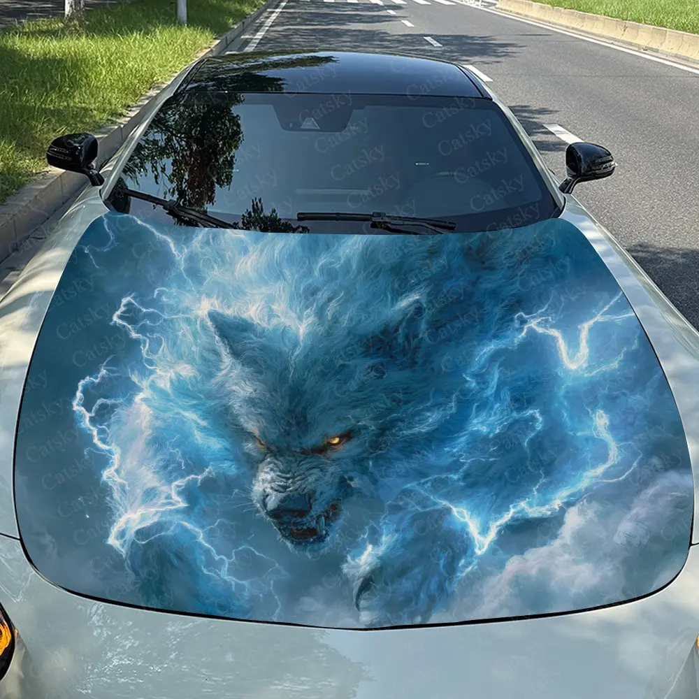 Lightning Blue Wolf Car Hood Decal, Durable Self-Adhesive PVC Sticker, Waterproof And Scratch-resistant Car Vinyl Wrap