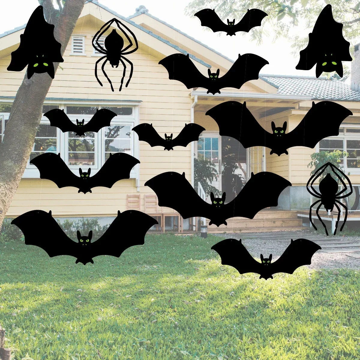 

8 Pcs Halloween Bat Pendant Outdoor Party Courtyard Wall Decor Big Spiders Glowing Eyes Bat Hanging Ornamental Halloween Party