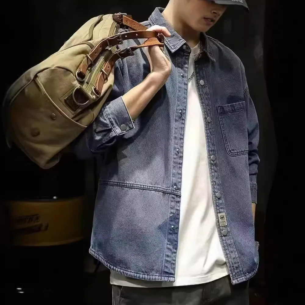 Men's Thin Denim Jacket Solid Color Lapel Shirt Simple and Slim Fit Daily Casual Spring and Summer