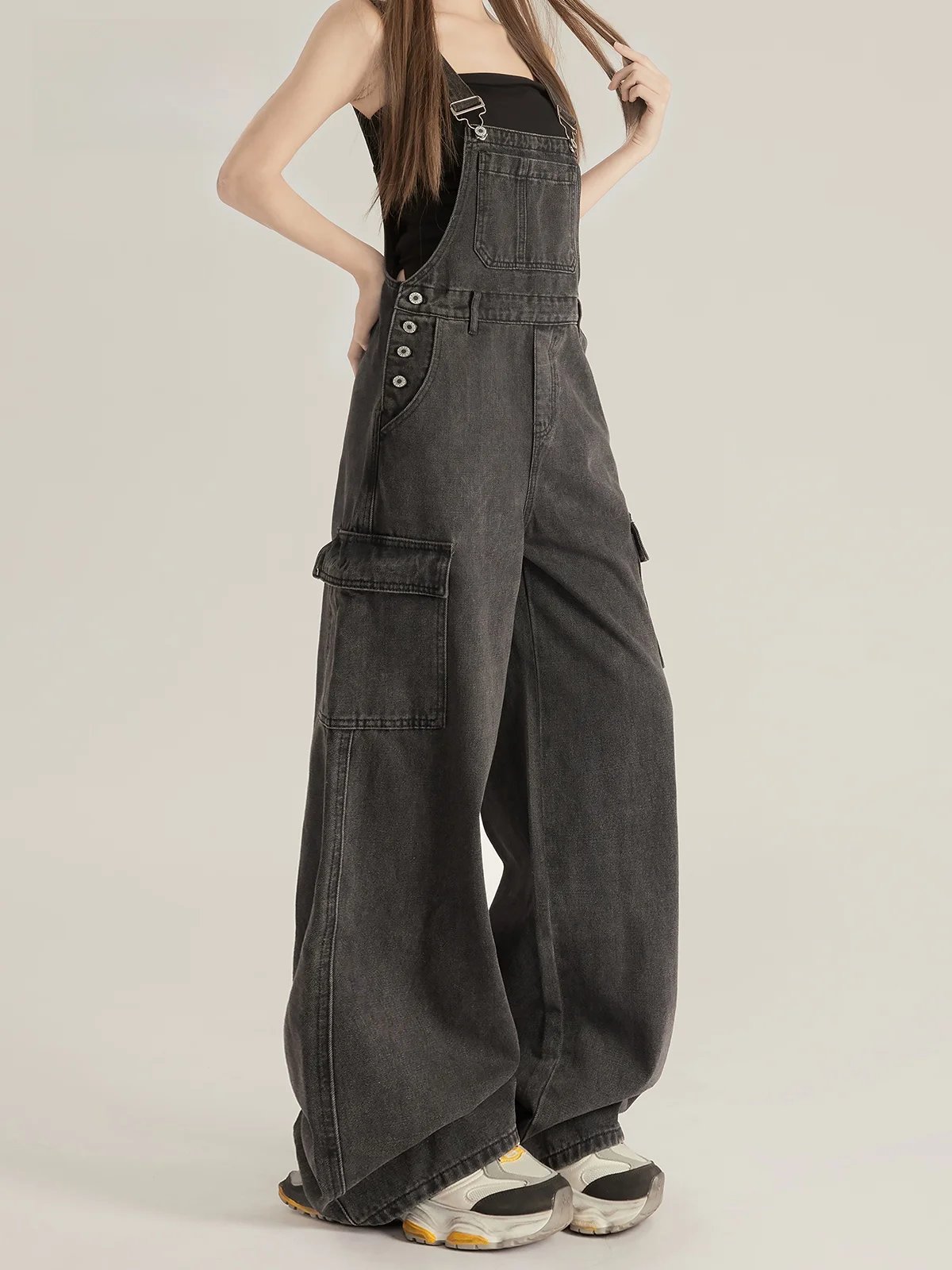 Retro'owe ogrodniczki jeansowe damskie na wiosnę i jesień, nowy model, szerokie nogawki, spodnie robocze, wysoki stan, zapinane na zamek, wygodne jeansy.