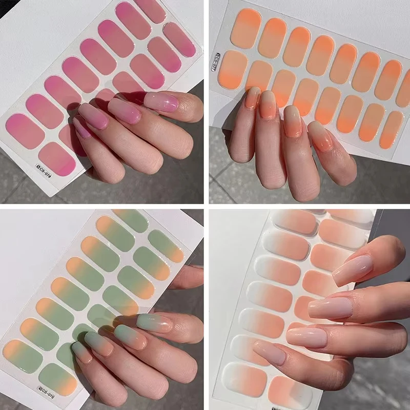 Nude Semi-cured Gel Nail Wraps Sticker Long-lasting Uv Led Lamp French Nail Decal Omber Nail Waterproof Semi-Cured Sticke 16Tips