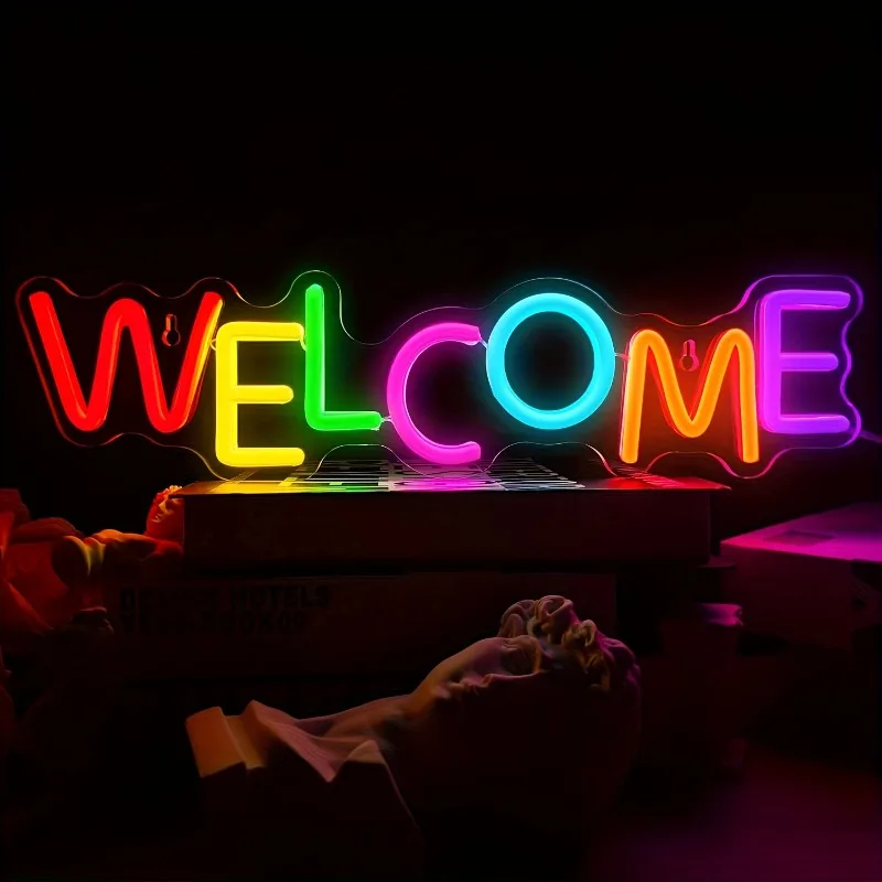 

Светодиодный неоновый светильник-табличка «Добро пожаловать» с регулируемой яркостью, стальная трубка, настенный светильник с питанием от USB, с выключателем