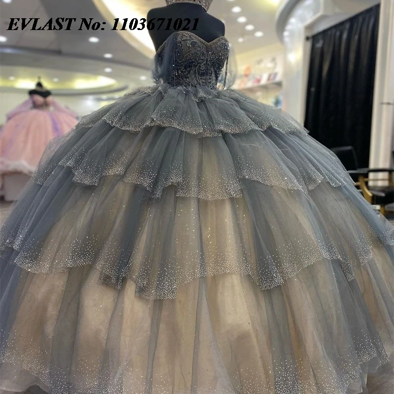 

EVLAST Блестящее серое платье Quinceanera, бальное платье 2024, аппликация с блестками и бисером, многоуровневое милое платье 16 Vestidos De XV 15 Anos SQ54