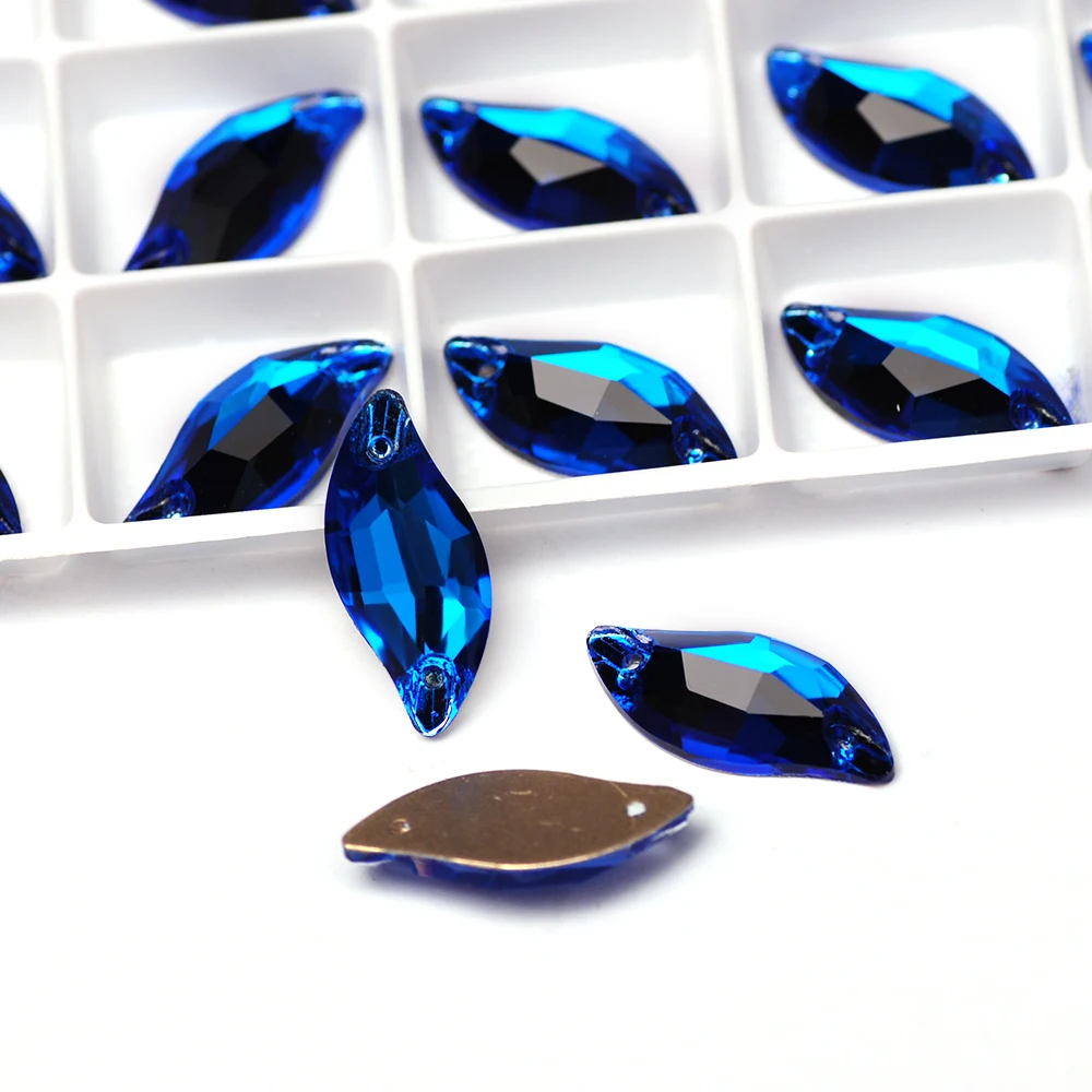 Wholesale Capri Blue Leaf Shaped Flatback Rhinestones Sewing Making Beads Beauty Accessories Fabric Needlework DIY Decorations