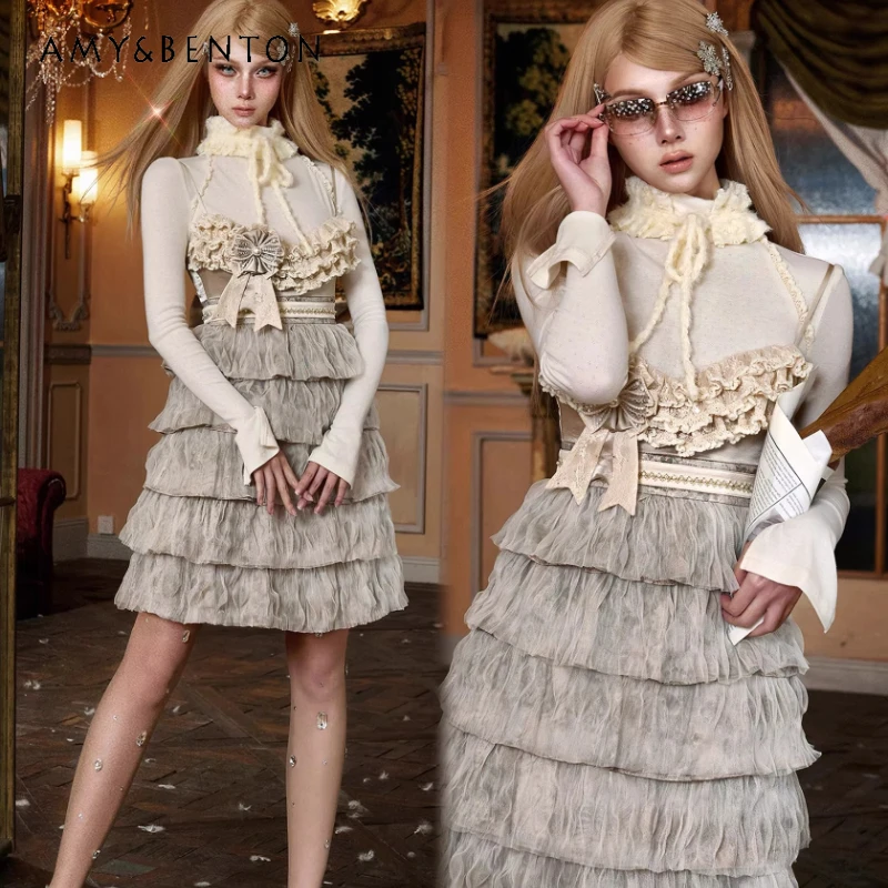 

Original Design High Waist Cake Lace Women's Sling Dress 2025 Autumn Winter New Sweet Cool Sexy Elegant Evening Dresses Ladies