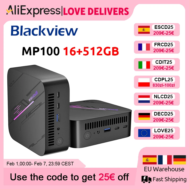 Blackview MP100 NIEUWE Mini PC AMD Ryzen 5 7430U Windows 11 6-Core 12-thread 16GB DDR4 512GB SSD WiFi 6 Mini Computer PC BT5.2