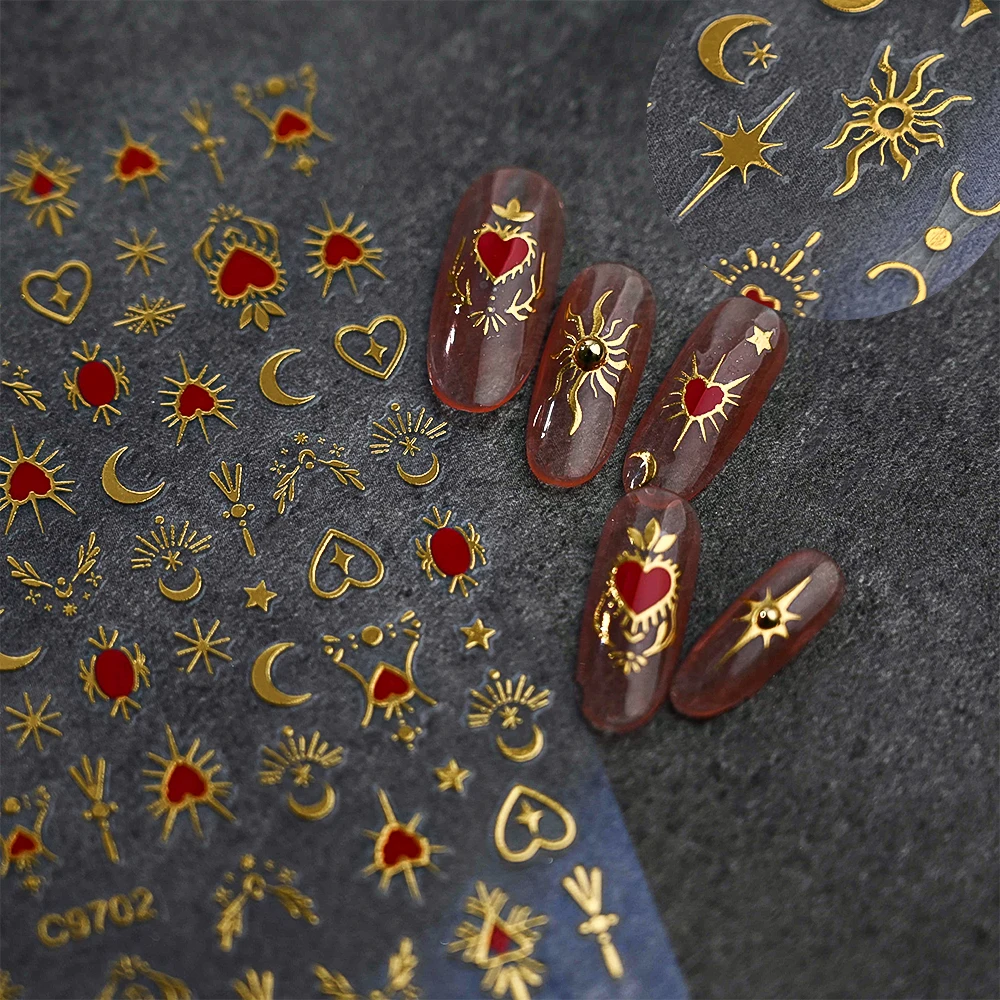 1pcs 3D Star Moon Nail Sticker Gold Sliver Bronzing Y2K Heart Sun Moon Stars Adhesive Sliders 8*10cm Manicure Tips Decals