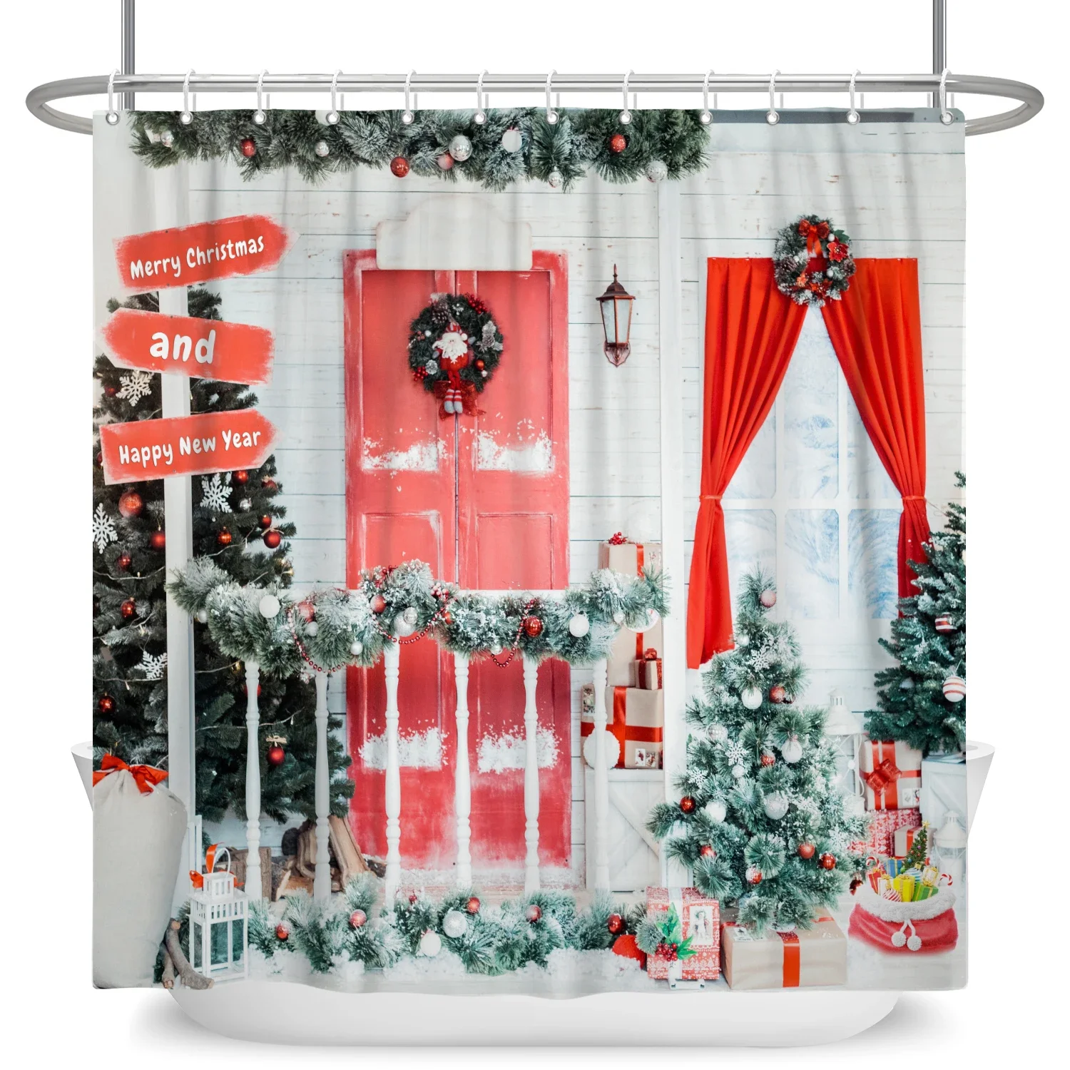 

GAE2025 Merry Christmas Shower Curtains Winter Snowman Gingerbread House Xmas Trees Fireplace Waterproof Bathtub Screen with H