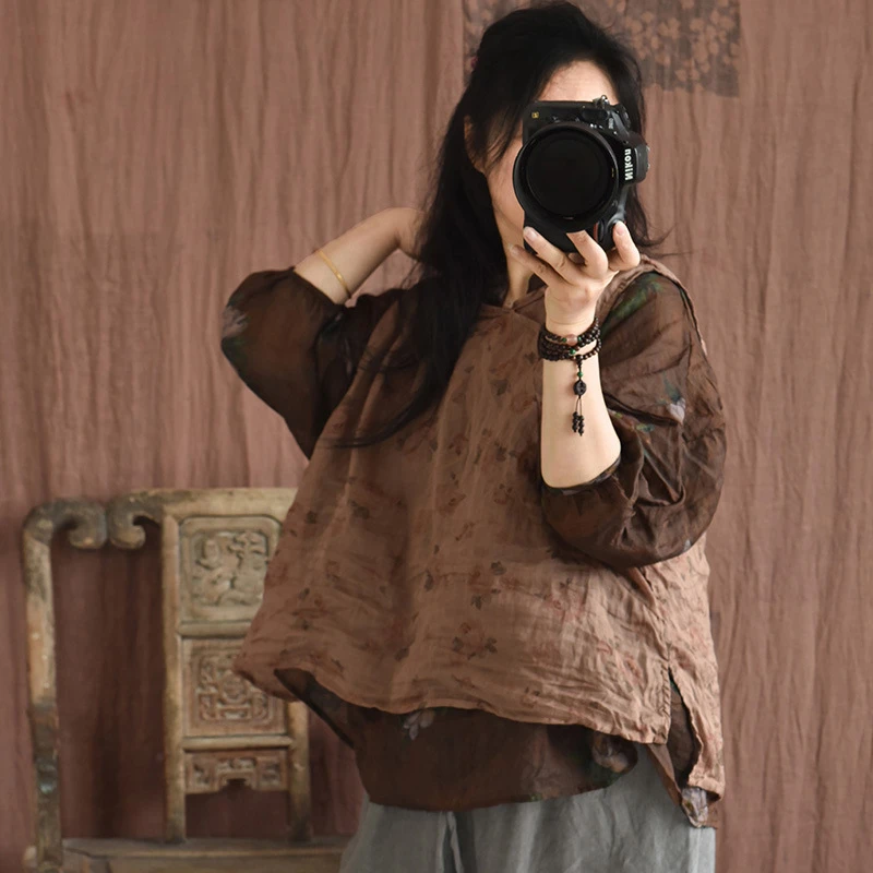 Donne Casual Ramie Canotte Nuovo Arrivo 2025 Estate Stile Cinese Vintage Stampa Floreale Allentato Gilet Femminile T-shirt M786