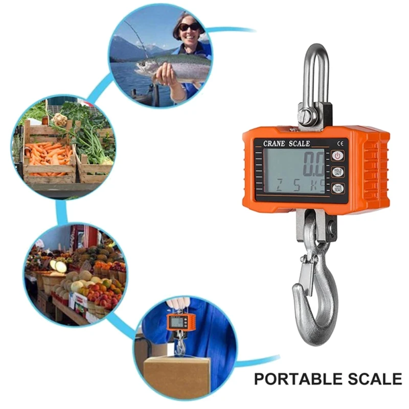 Digital Hanging Scale 1000Kg/ 2204Lbs Portable Heavy Duty Crane Scale LCD Backlight Industrial Hook Scales Unit Change