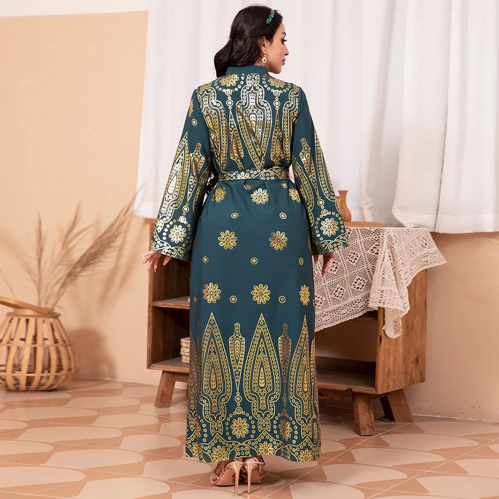 Fridayin Muslim Ramadan celebrity elegant dark green V-neck floral bronzing belt bell sleeves fashionable Arabic long dress