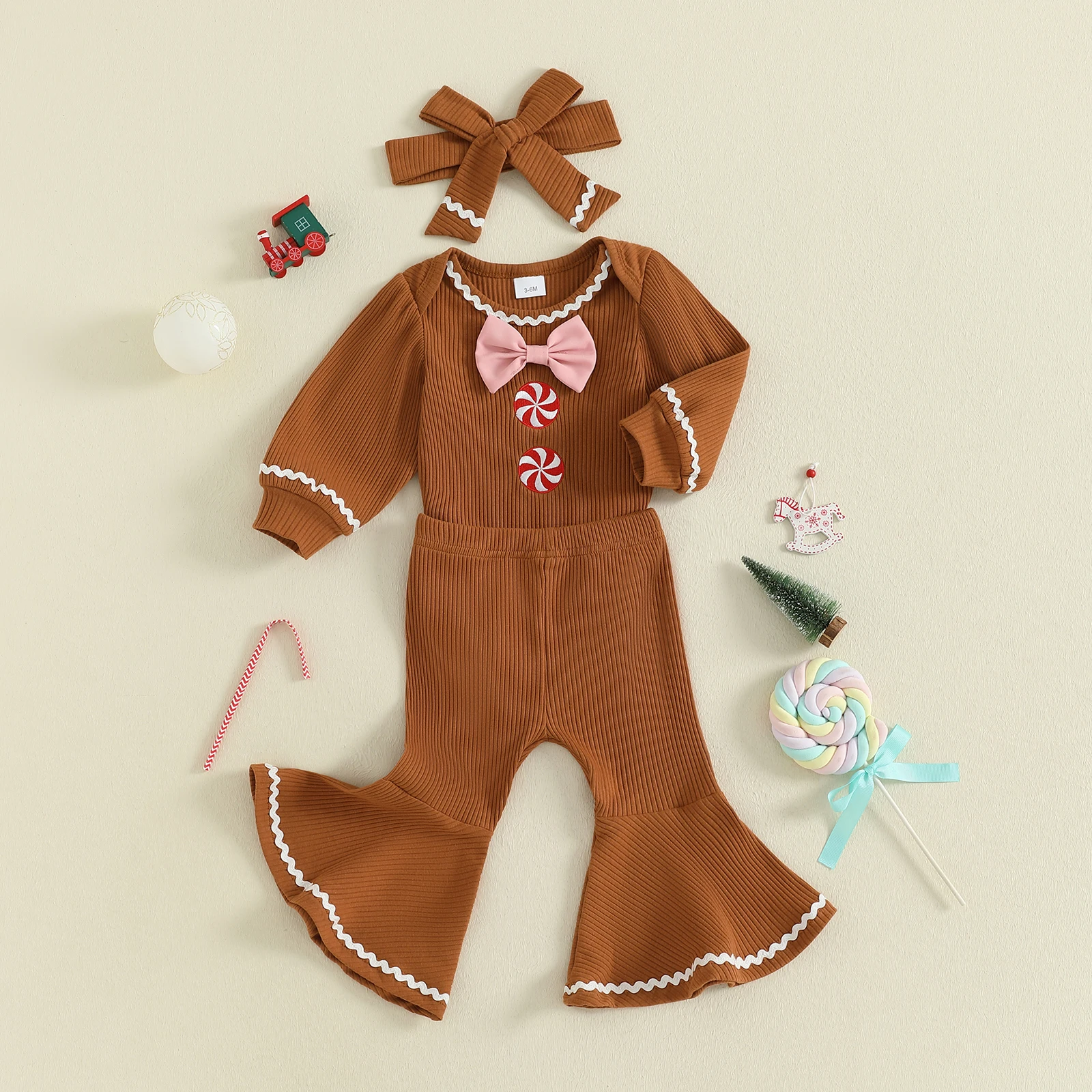 

Suefunskry Рождественские наряды для маленьких девочек, комбинезон с длинными рукавами и пряничным человечком, брюки-клеш и повязка на голову, комплект из 3 предметов