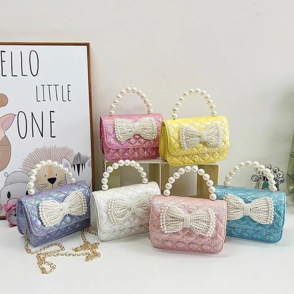 

Simple PU Leather Pearl Handbag Korean Style Solid Color Bow Crossbody Bag Shoulder Bag Mini Children Coin Purse Travel