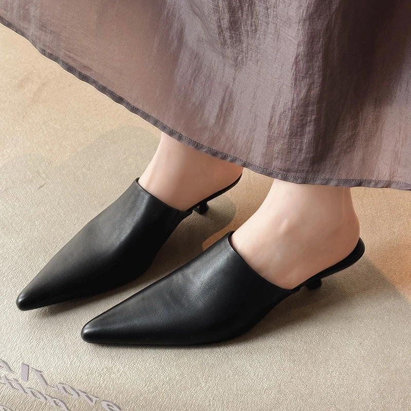 

НОВЫЕ летние женские туфли-лодочки из натуральной кожи для женщин, туфли с острым носком на тонком каблуке, сандалии с открытой пяткой, лаконичные тапочки