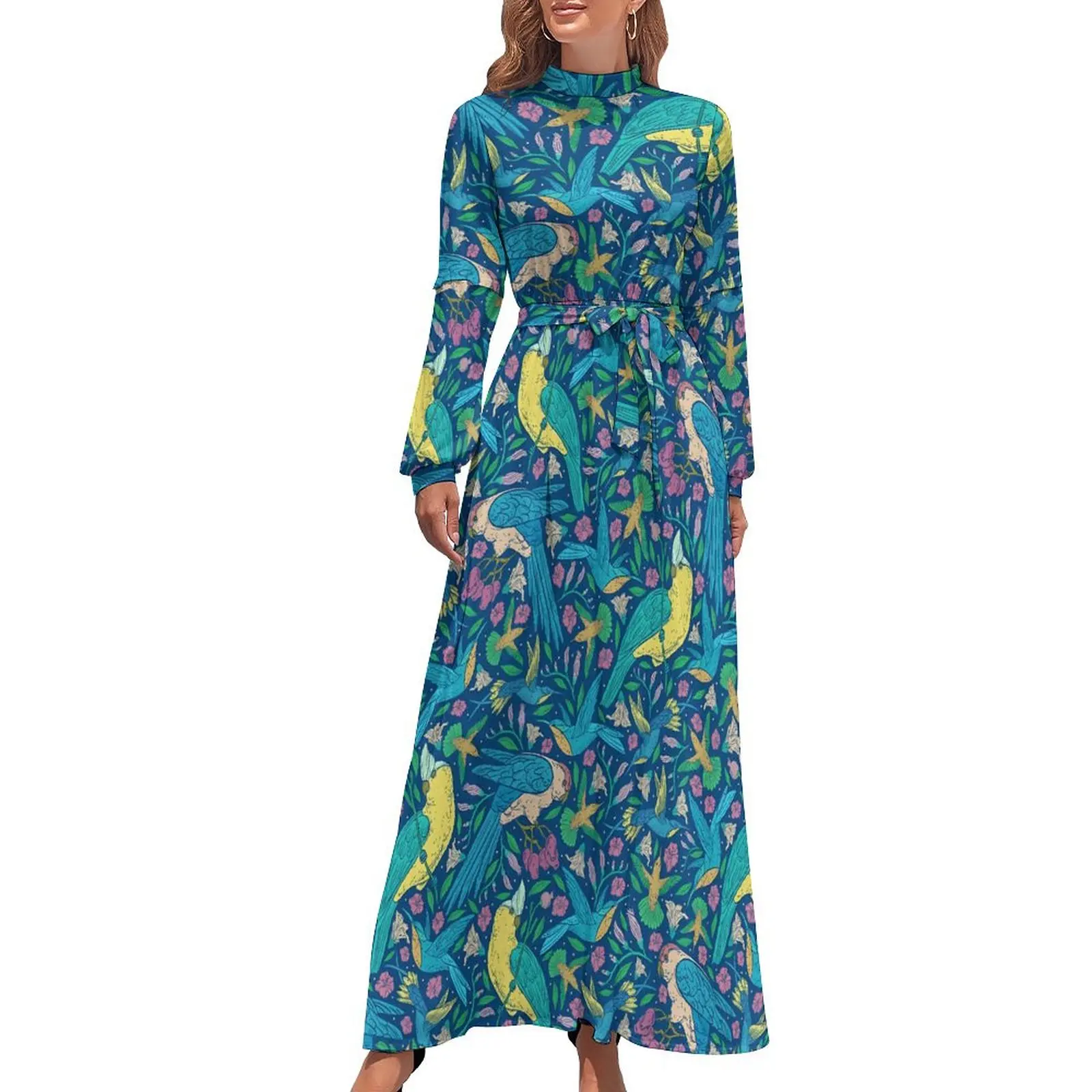 

Tropical Birds Flower Dress Floral Print Elegant Custom Maxi Dress High Neck Long-Sleeve Streetwear Bohemia Long Dresses