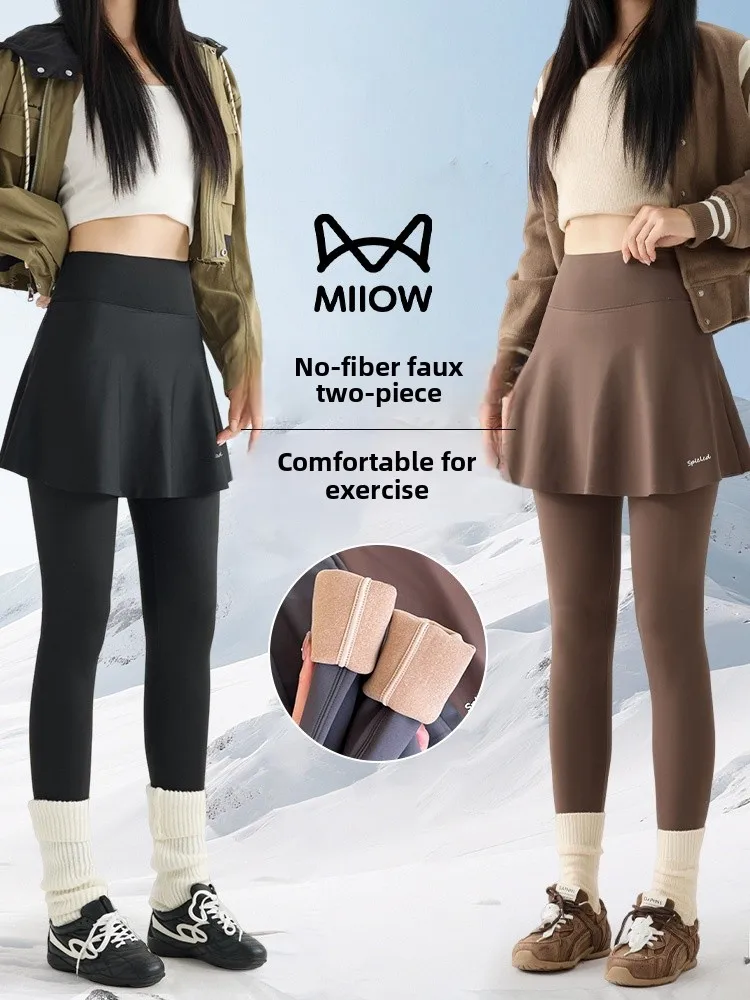 Calças de Yoga de Cintura Alta com Forro para Mulheres, Modelagem Slimming, Controle de Barriga, Calças com Saia para Outono e Inverno, Tamanho Plus