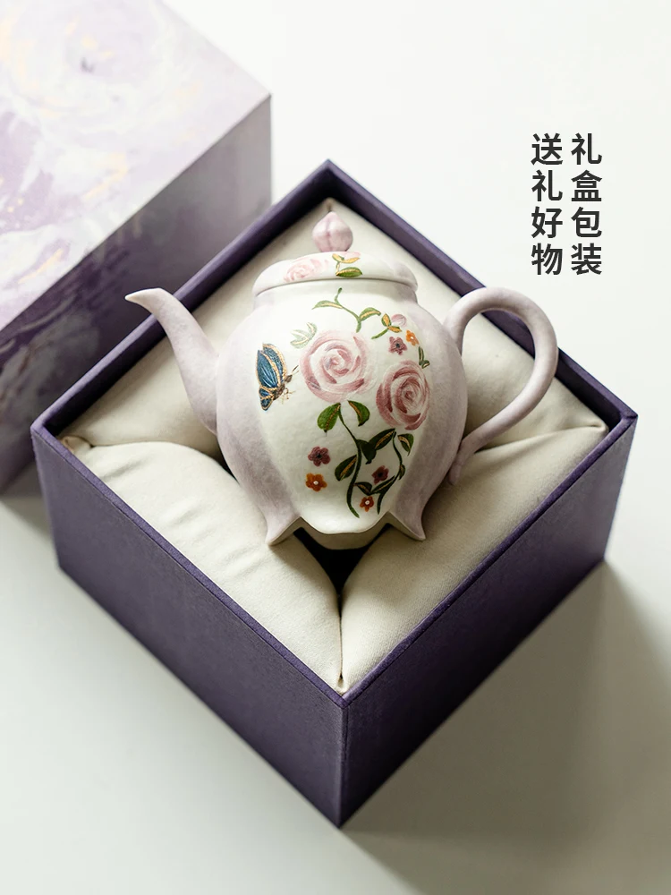 Rouge Purple Teapot Ceramic Pure Hand Drawing Rose Household Single High-Grade Gift Box for Sending Presents