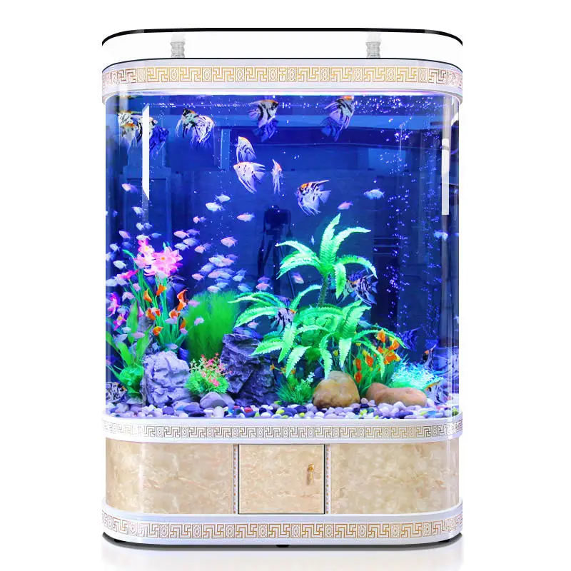 Aquarium en verre debout au sol semi-transparent, salon commun, bel aquarium semi-transparent