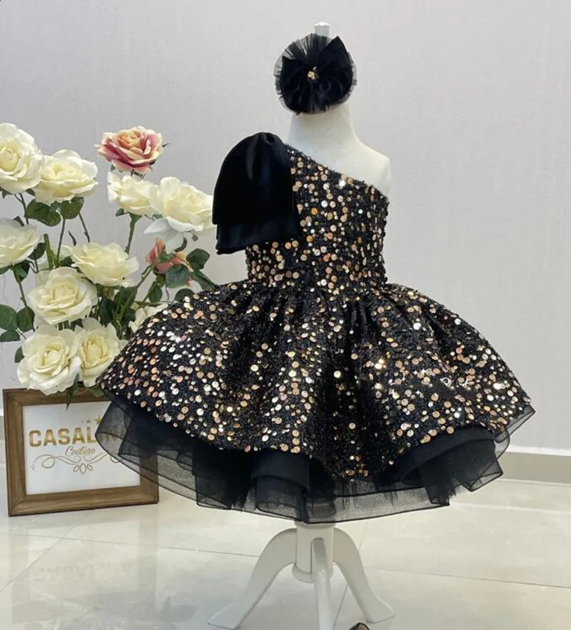 Vestido de un hombro para niña pequeña, traje de fiesta de princesa, lentejuelas brillantes, color negro, primera comunión