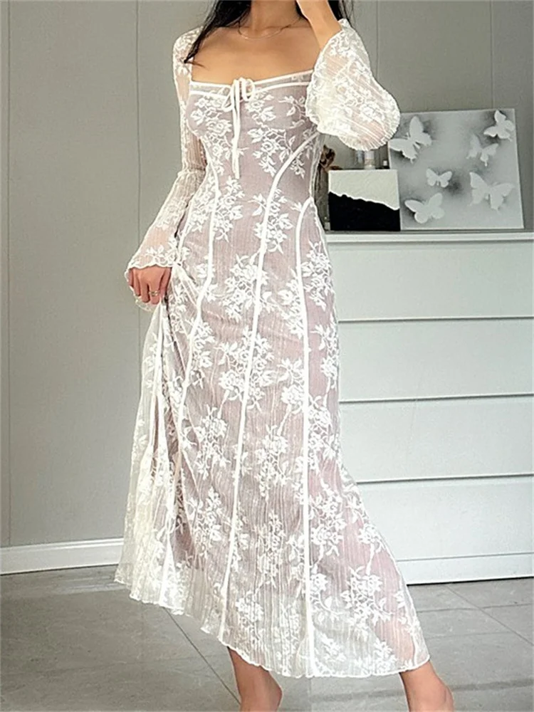 Dourbesty Women Lace Flower Dress Long Flare Sleeve Square Neck Tie-up Long Dress Spring Fall Solid Party Female Vestidos