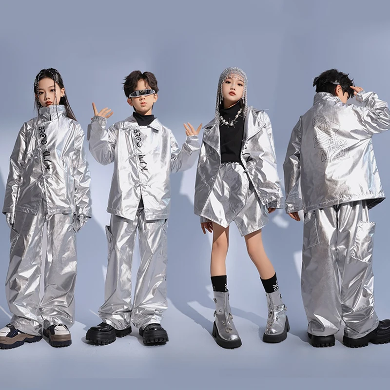 New Kids Street Wear Silver Reflective Coat Pants Girls Jazz Dance Costumes Boys Hip Hop Clothing K-pop Stage Outfits SL9511