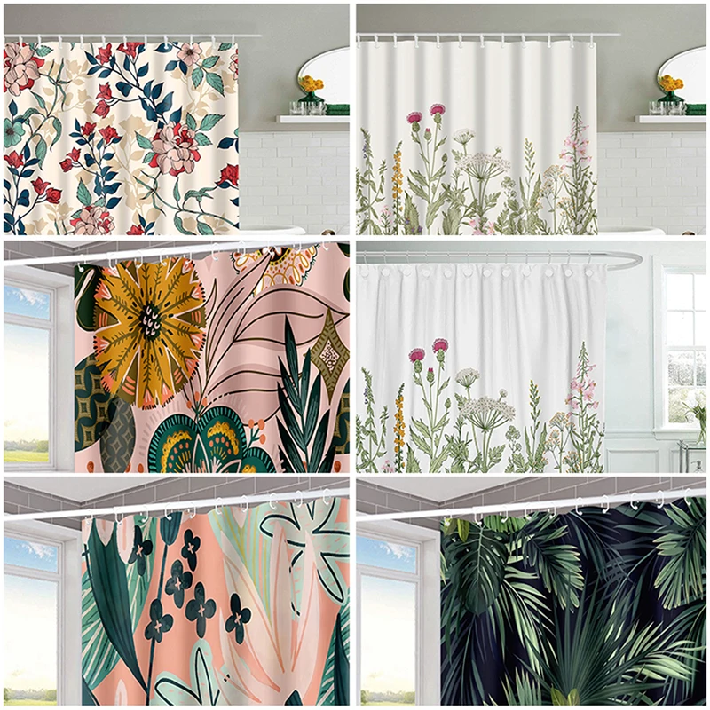 Shower Curtain Floral Border Herbs and Wild Flowers Botanical Colorful Waterproof Polyester Curtain with Hooks Bathroom Supplies