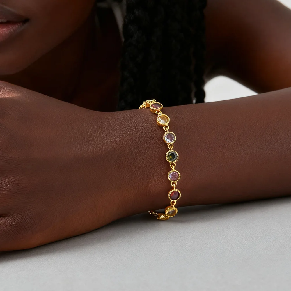 

Luxury Cubic Zirconia Bracelets for Women, Colorful Rhinestone Beads Bangle, Gold Plated Chain Fashion Jewelry