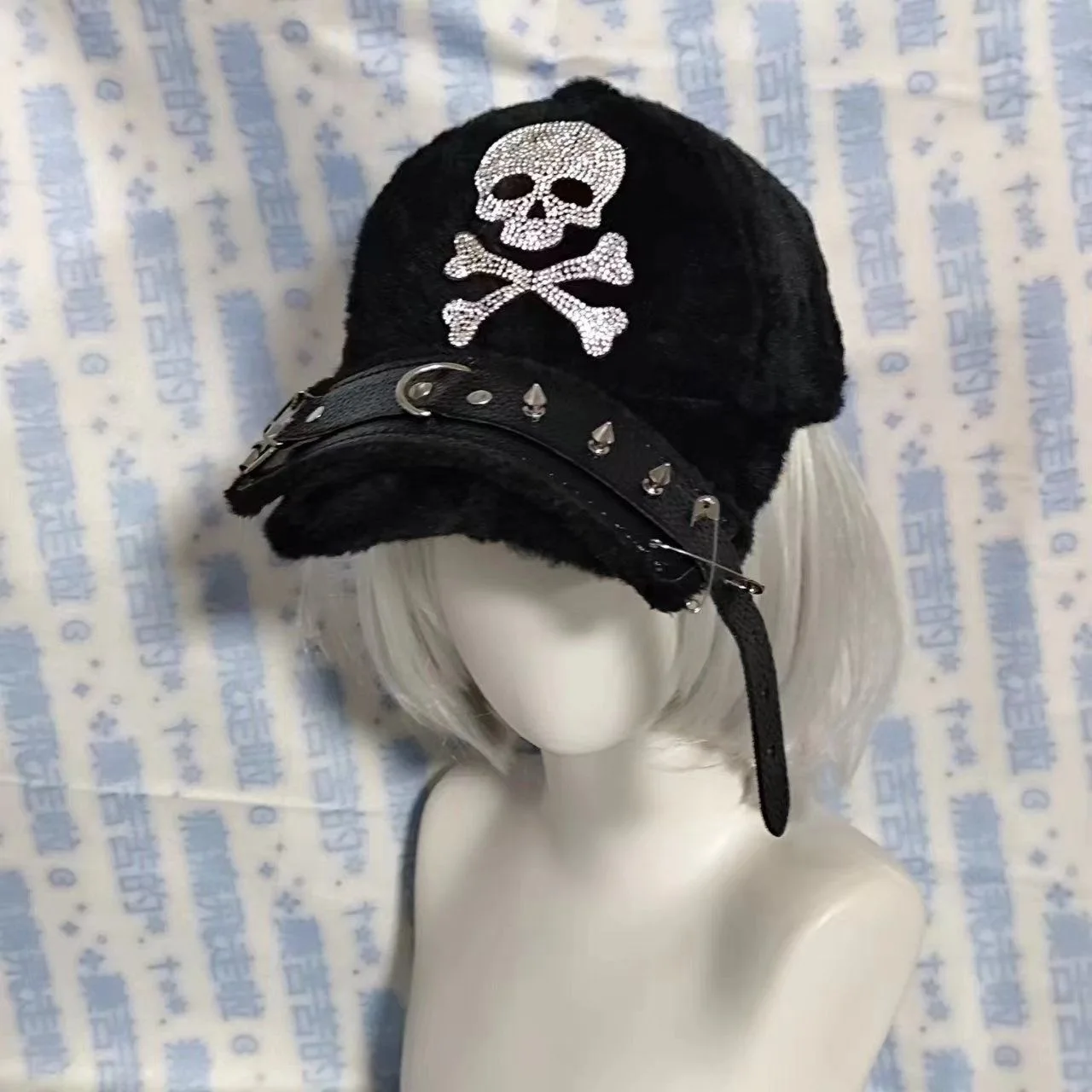 1pc Skull Punk Rivet Plush Baseball Cap Y2K Women Warm Head Hat Adjustable Buckle Kpop Harajuku Hip Hop Streetwear