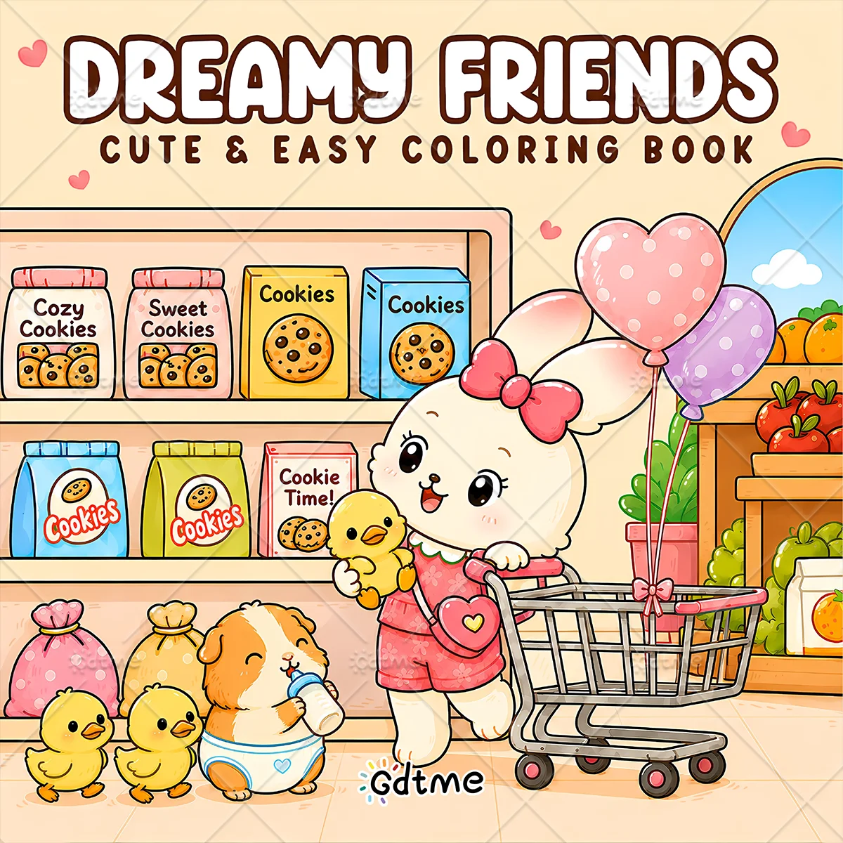 Dreamy Friends Coloring Book Wholesome Cute Rabbit & Little Pets Market Scenes Stress Relief Relaxing Art Drawing Book for Adult
