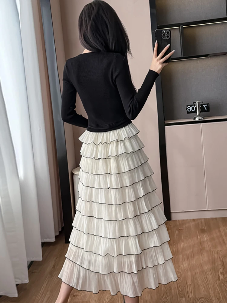 Feminino coreano vintage luxo vestido longo outono inverno preto malha retalhos branco em camadas vestido 2025 elegante bodycon vestido de baile