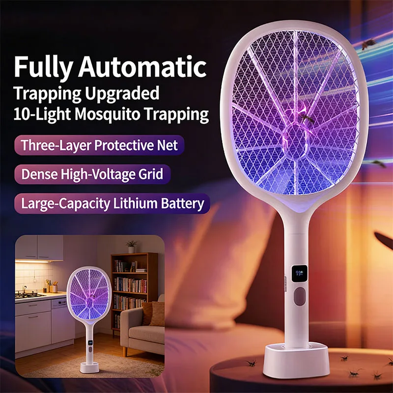 Rechargeable Electric Fly Swatter Type-C Detachable Handheld Insect Zapper Automatic Tapping for Indoor Outdoor Pest Control