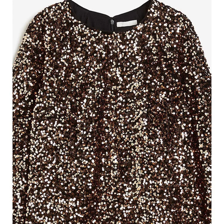 Summer New Women's Simple round Ne Long Sve Sequin Dr oulder Insert A-Line Skirt Polyester Fiber Commute Sle Loos...