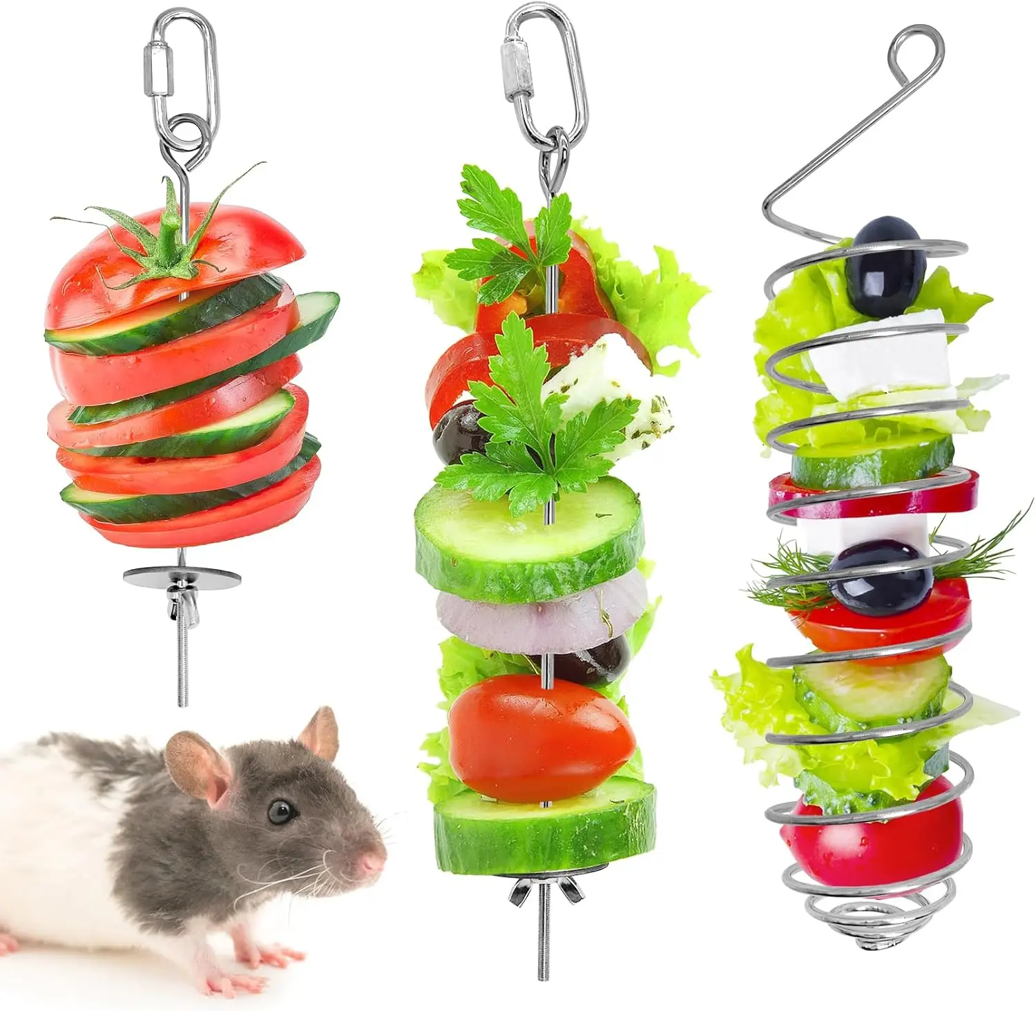 

3 PCS Rat Enrichment Toys Stainless Steel Rat Foraging Hanging Slow Feeder Mice Fruit Vegetable Skewer Food Holder Cage Accessor