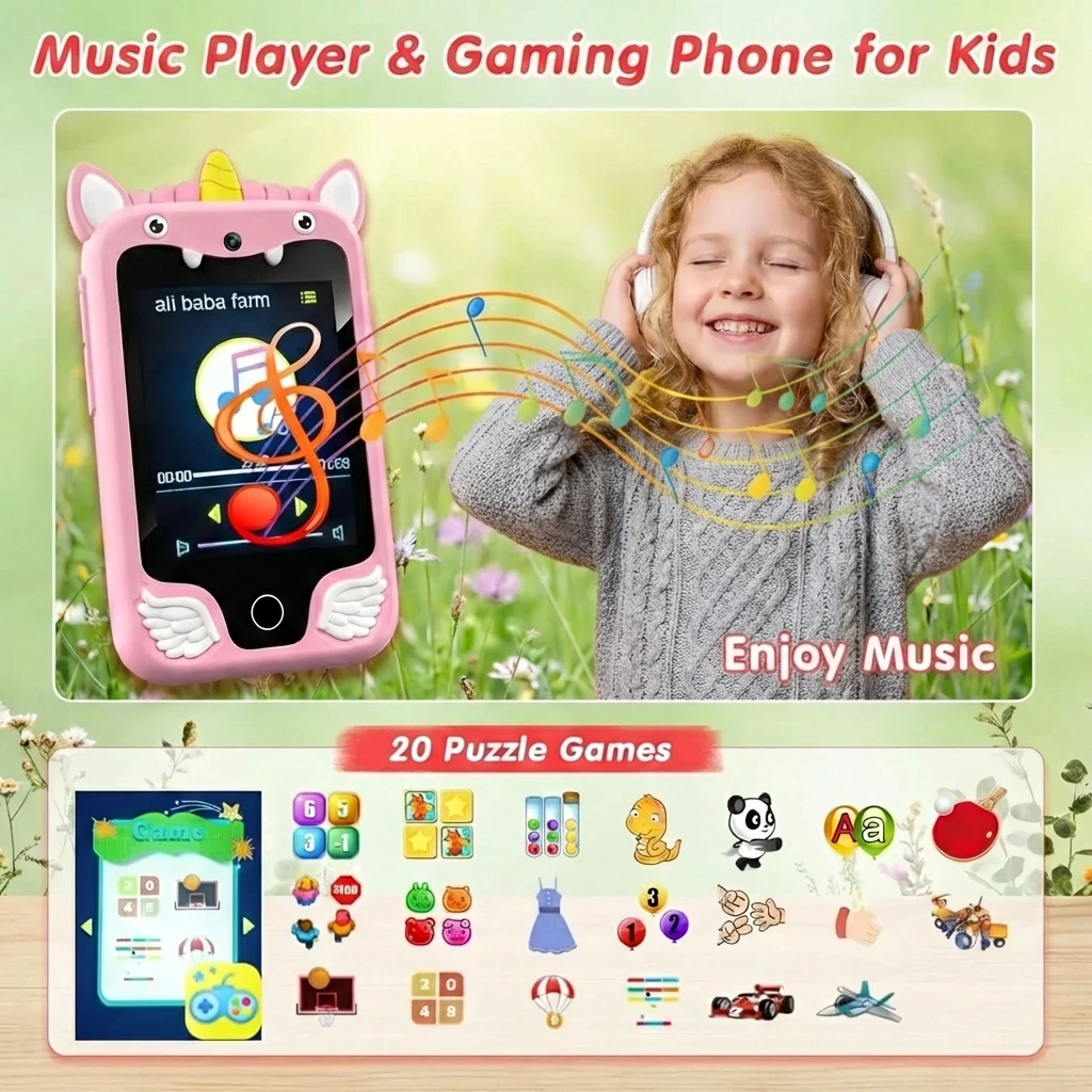 Telefono Giocattolo per Bambini Unicorno 2.8'' Mini Cellulare con Storie Musica Fotocamera Monitoraggio Abitudini Strumenti Educativi 8GB Regalo per Bambini