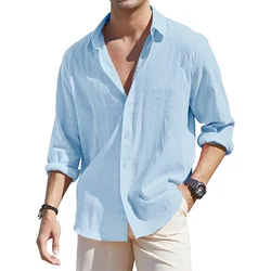 Men's Lightweight Breathable Vacation Loose-Fit Long-Sleeve Cotton Linen Shirts for Men Casual Button Down Versatile Shirt