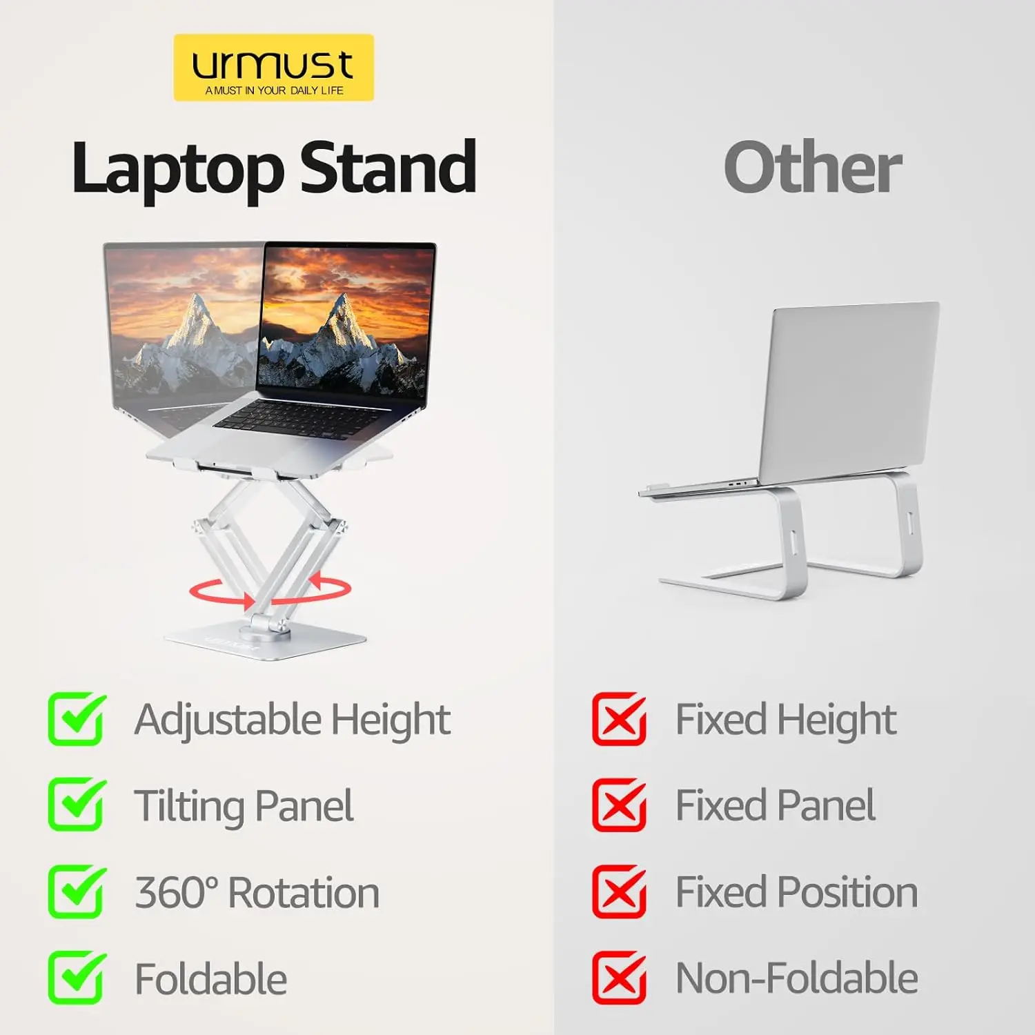Adjustable 360° Rotating Laptop Stand for Desk, Ergonomic Height Riser Fits All 10-17" Laptops