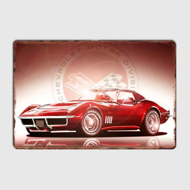 Red Corvette Classic Car Posters Metal Sign Poster Garage Living Room Cinema Living Custom Tin Vintage Home Decor