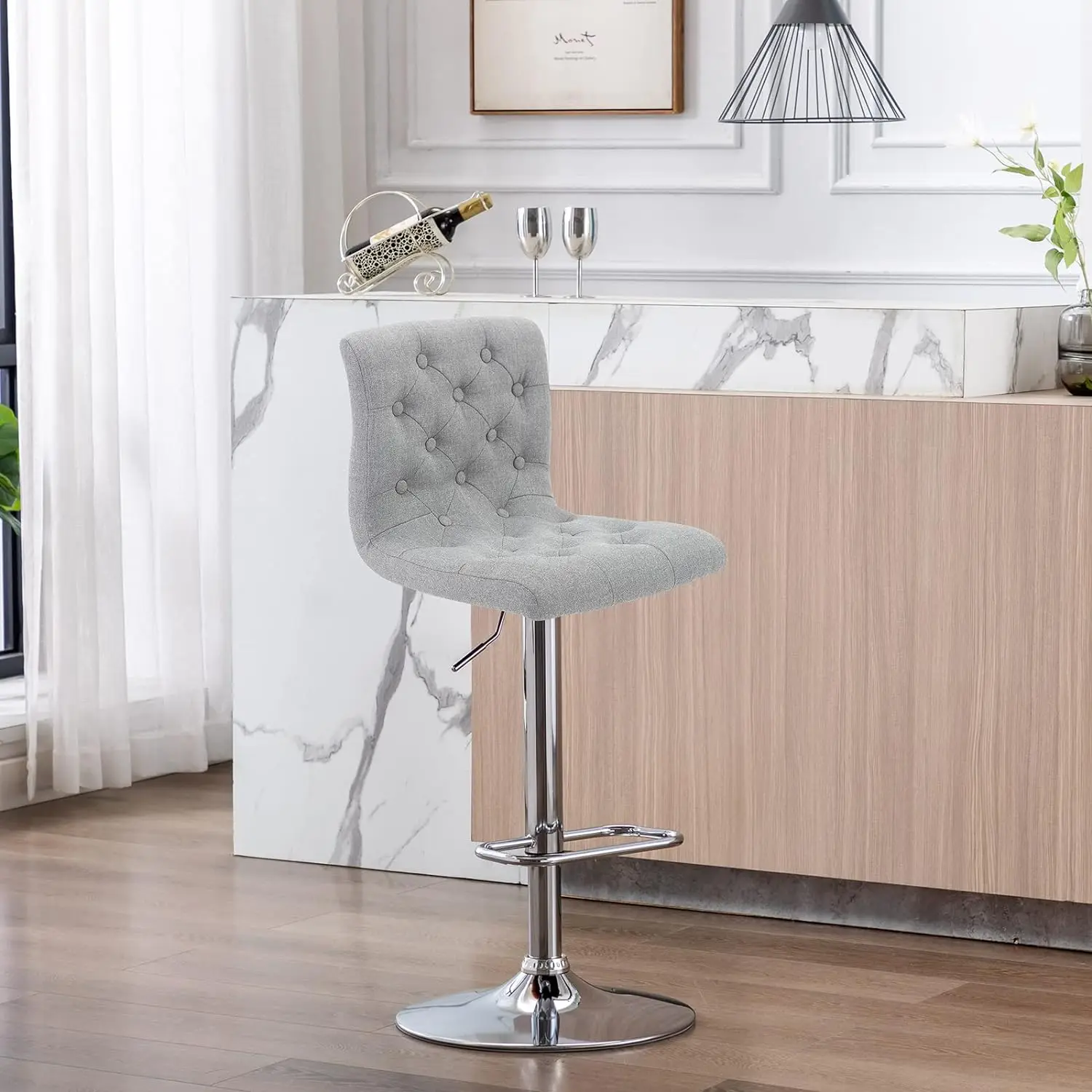 Tufted Fabric Bar Stool, Adjustable Swivel Counter Height Barstool with Back, Upholstered Armless Airlift Bar Chair