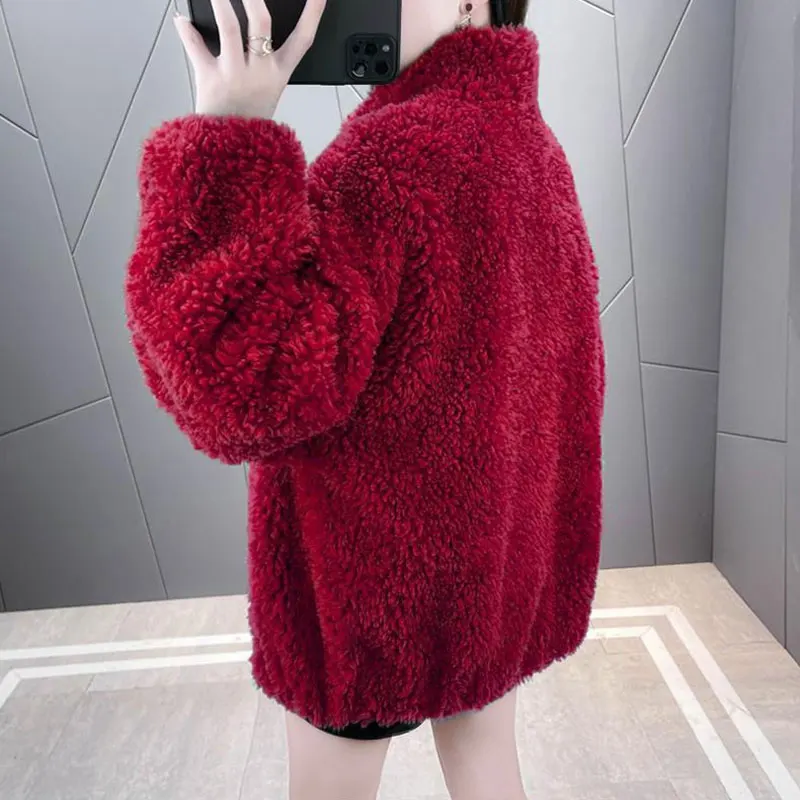 2024 Woman Clothing Stand Neck Lamb Wool Jacket Oversized Tops Winter Outwear Casual Korean Zipper Thicked Warm Coat y2k Clothes